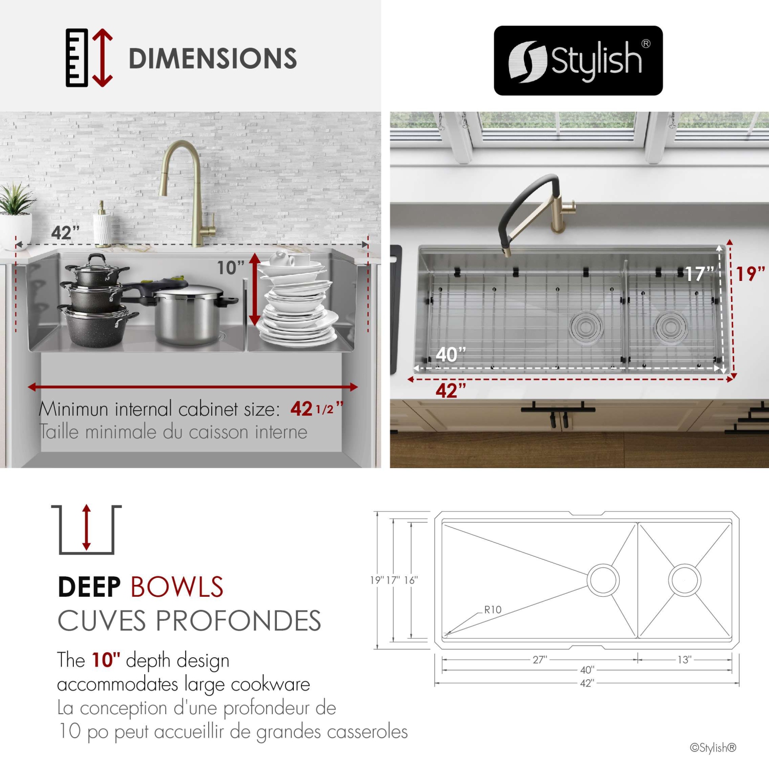 STYLISH Undermount 42 inch Stainless Steel Double Bowl 70/30 Workstation Kitchen Sink with Black Accessories