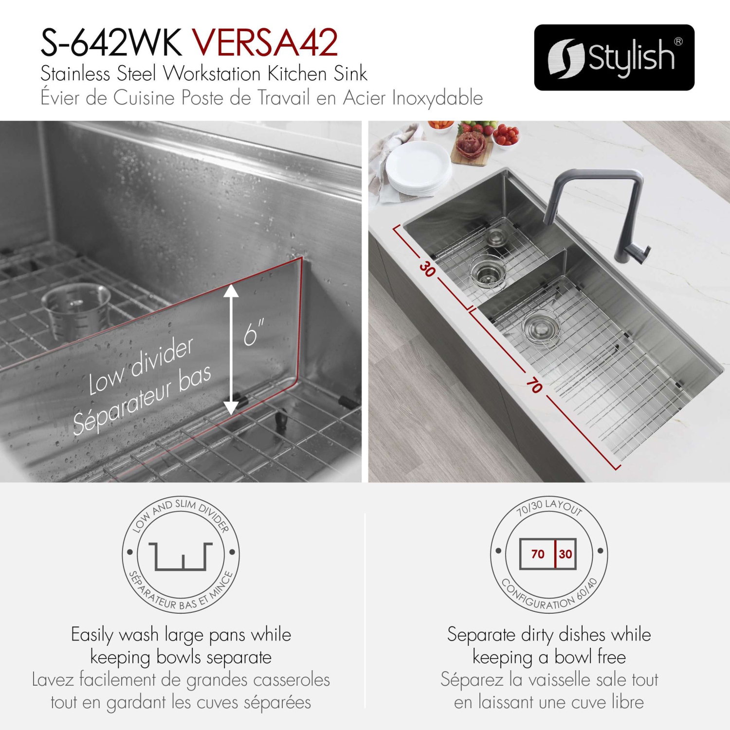 STYLISH Undermount 42 inch Stainless Steel Double Bowl 70/30 Workstation Kitchen Sink with Black Accessories