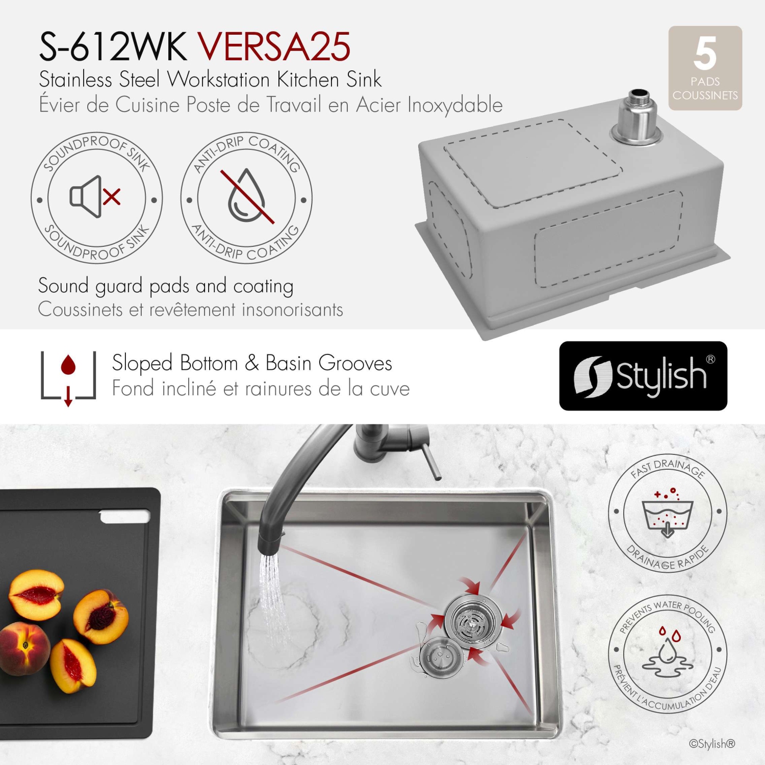 STYLISH Undermount 25 inch Stainless Steel Single Bowl Workstation Kitchen Sink with Black Accessories