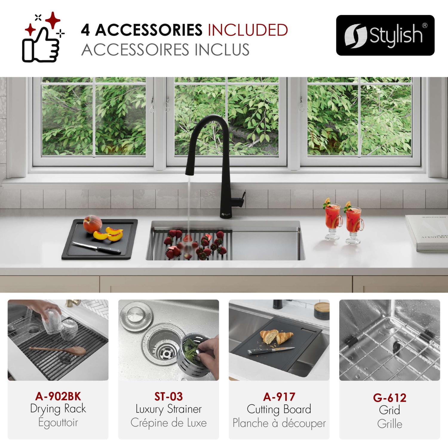 STYLISH Undermount 25 inch Stainless Steel Single Bowl Workstation Kitchen Sink with Black Accessories