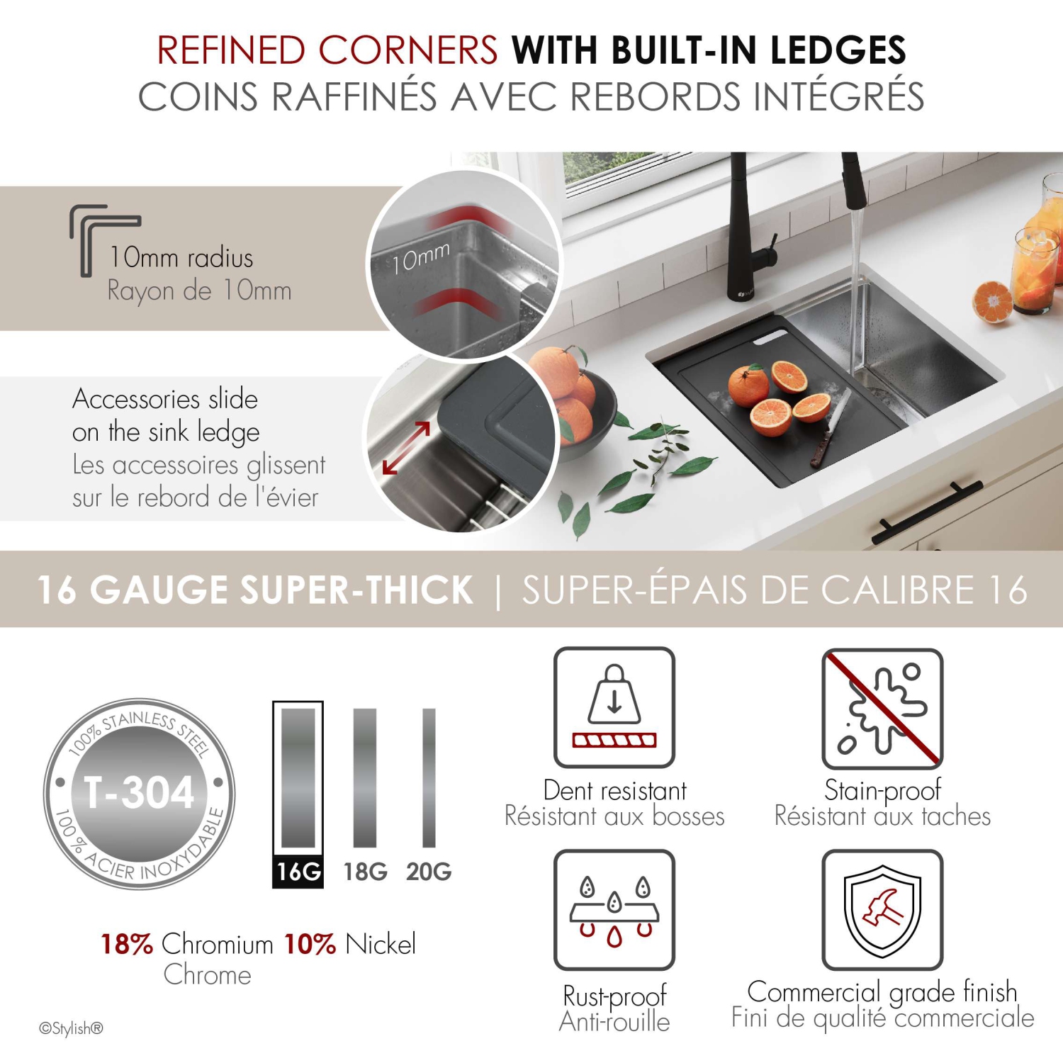 STYLISH Undermount 22 inch Stainless Steel Single Bowl Workstation Kitchen Sink with Black Cutting Board