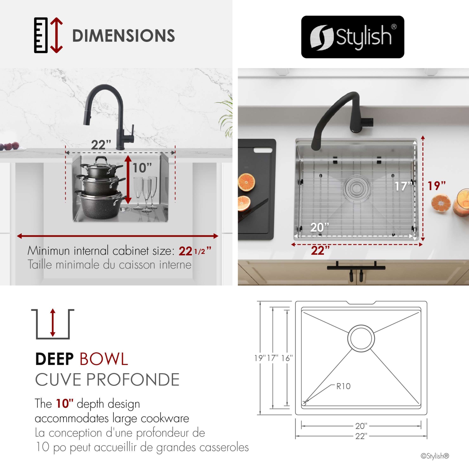 STYLISH Undermount 22 inch Stainless Steel Single Bowl Workstation Kitchen Sink with Black Cutting Board