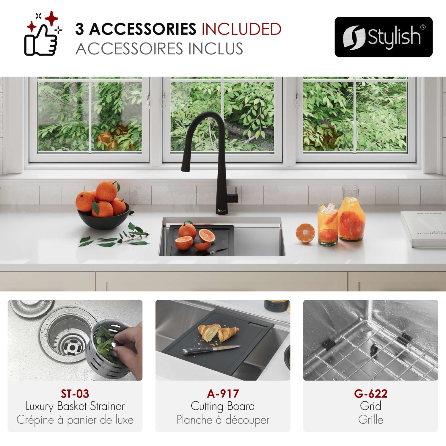 STYLISH Undermount 22 inch Stainless Steel Single Bowl Workstation Kitchen Sink with Black Cutting Board