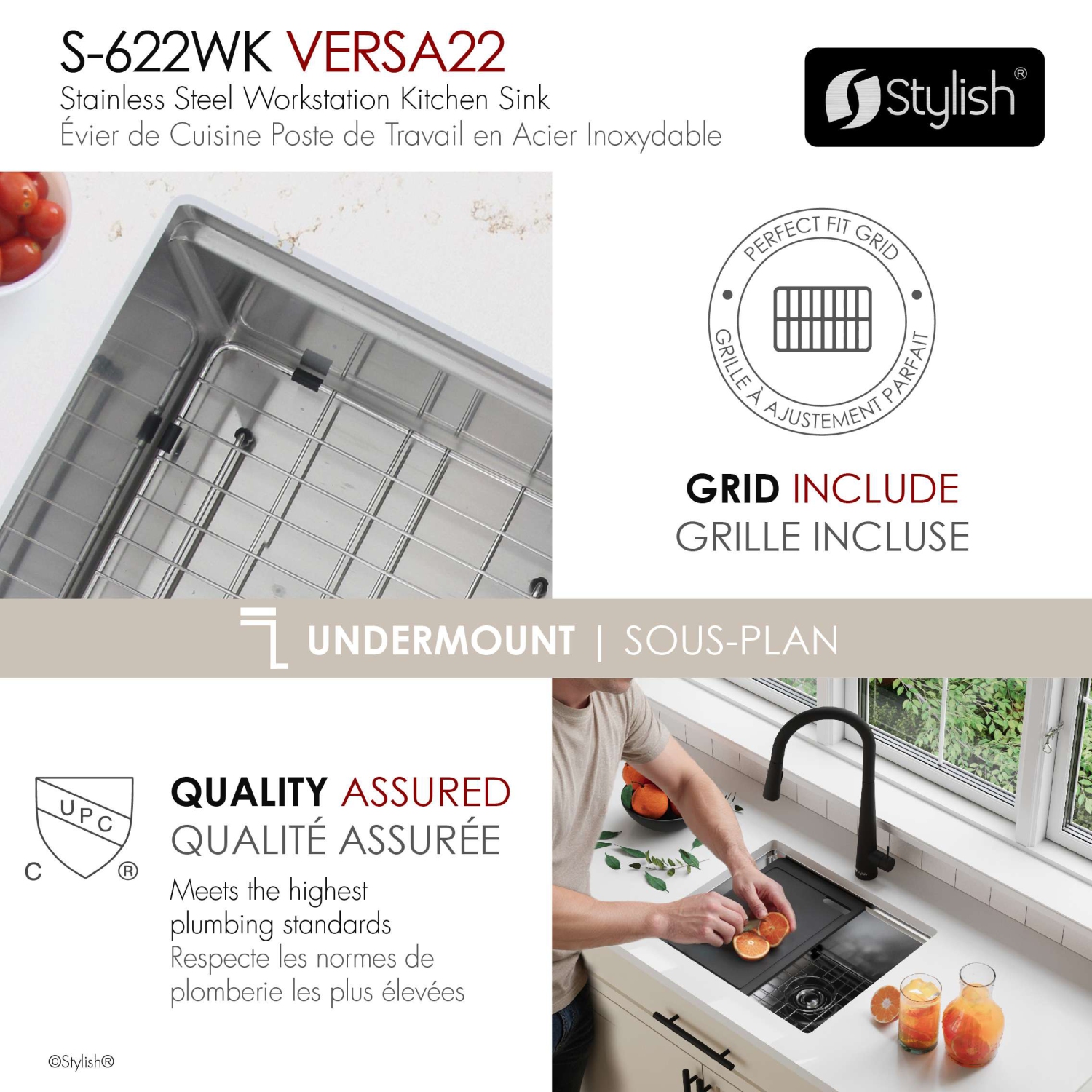 STYLISH Undermount 22 inch Stainless Steel Single Bowl Workstation Kitchen Sink with Black Cutting Board