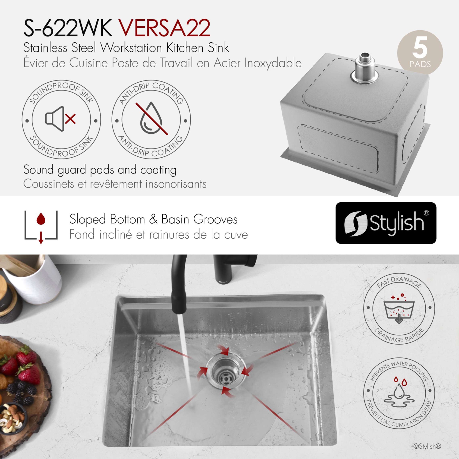 STYLISH Undermount 22 inch Stainless Steel Single Bowl Workstation Kitchen Sink with Black Cutting Board