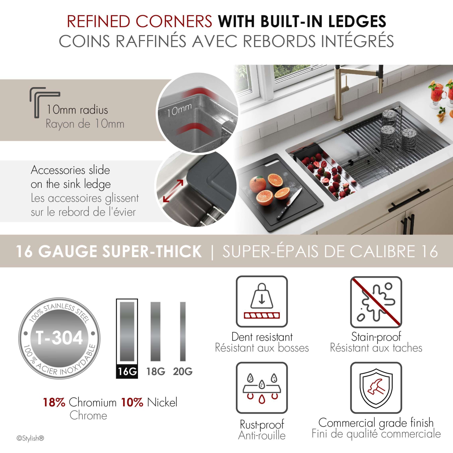 STYLISH Undermount 30 inches Stainless Steel Single Bowl Workstation Kitchen Sink with Black Accessories