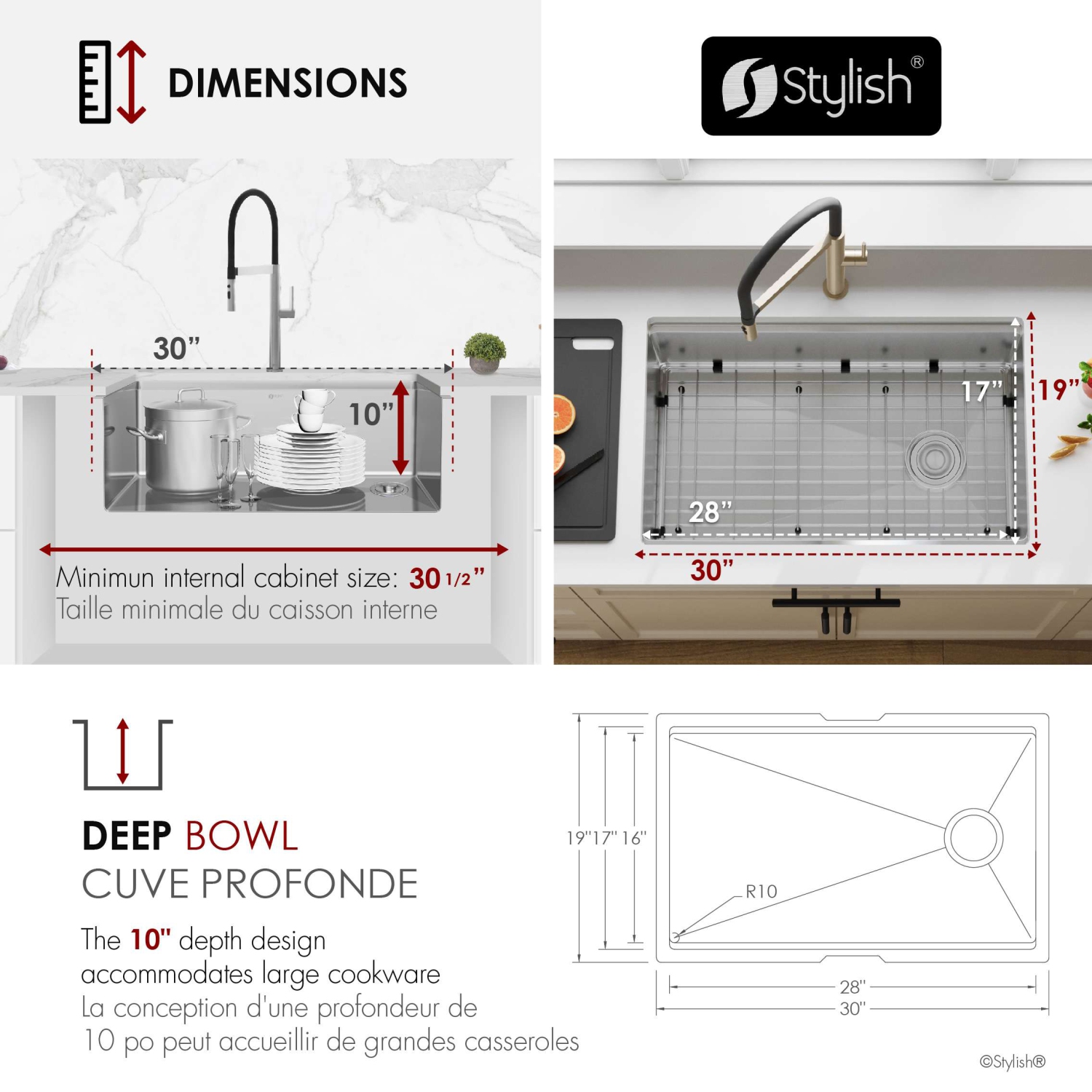 STYLISH Undermount 30 inches Stainless Steel Single Bowl Workstation Kitchen Sink with Black Accessories