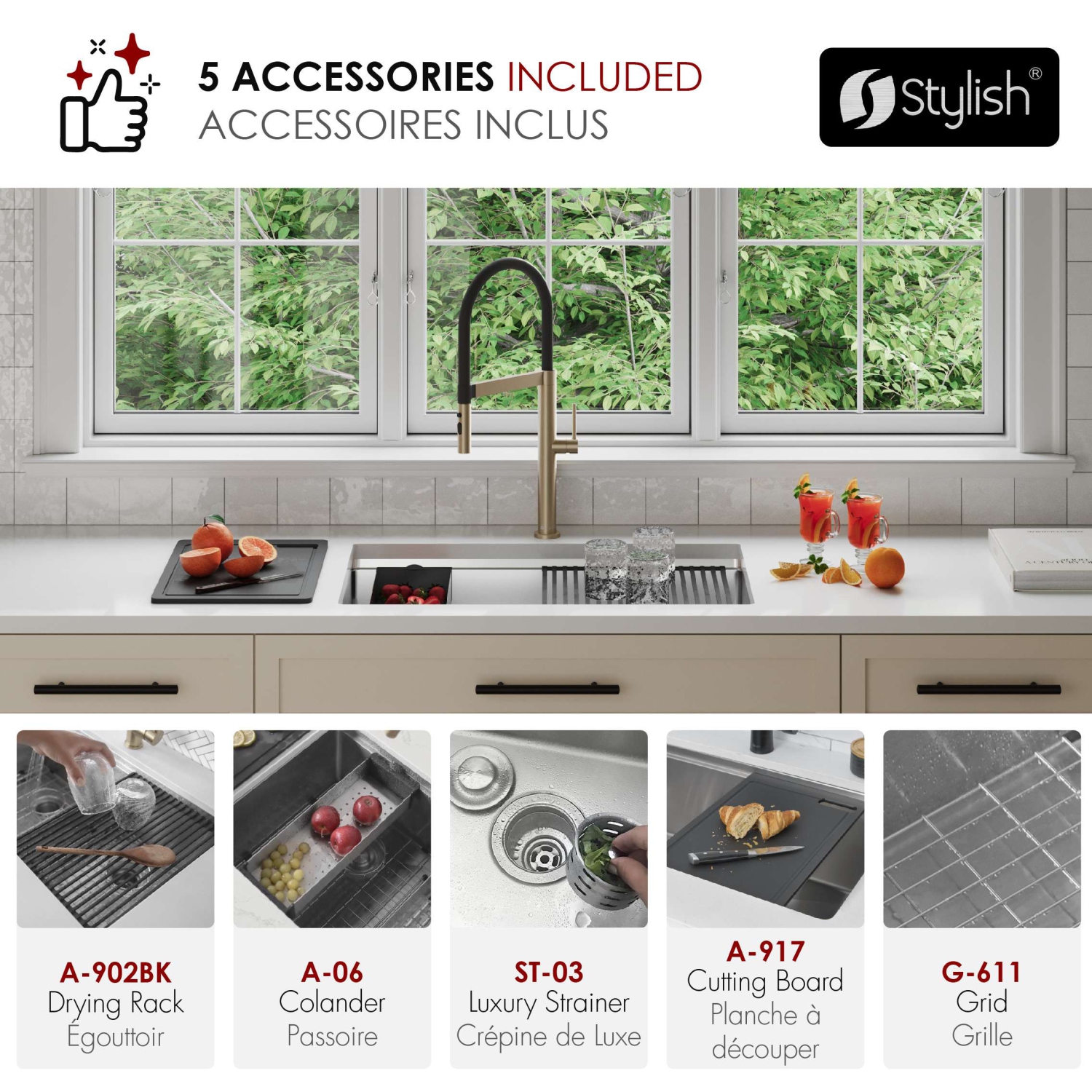 STYLISH Undermount 30 inches Stainless Steel Single Bowl Workstation Kitchen Sink with Black Accessories