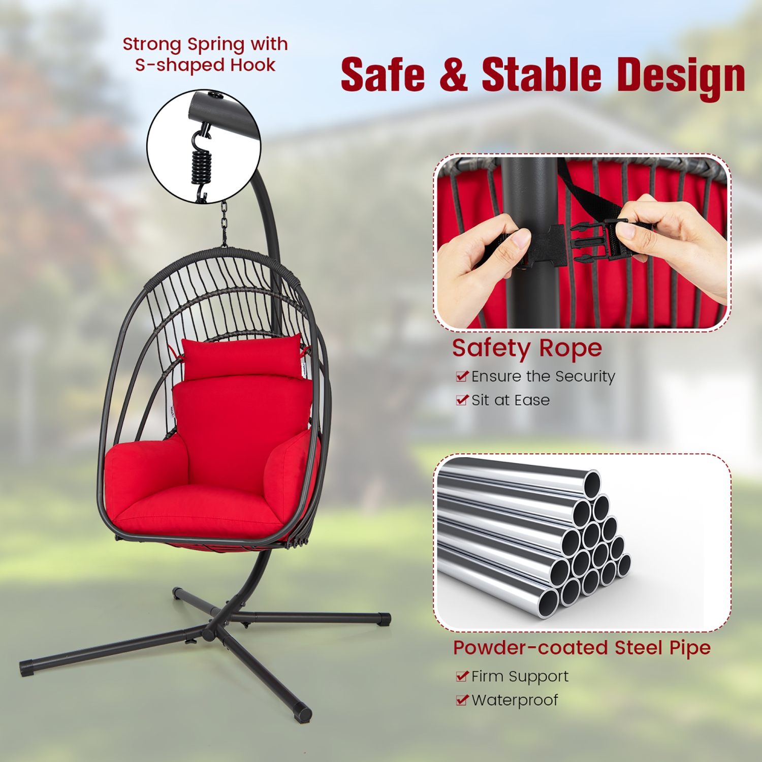 Costway Hanging Folding Egg Chair with Stand Soft Cushion Pillow Swing Hammock