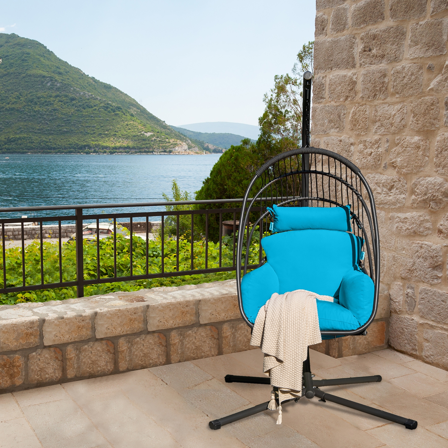 Costway Hanging Folding Egg Chair with Stand Soft Cushion Pillow Swing Hammock