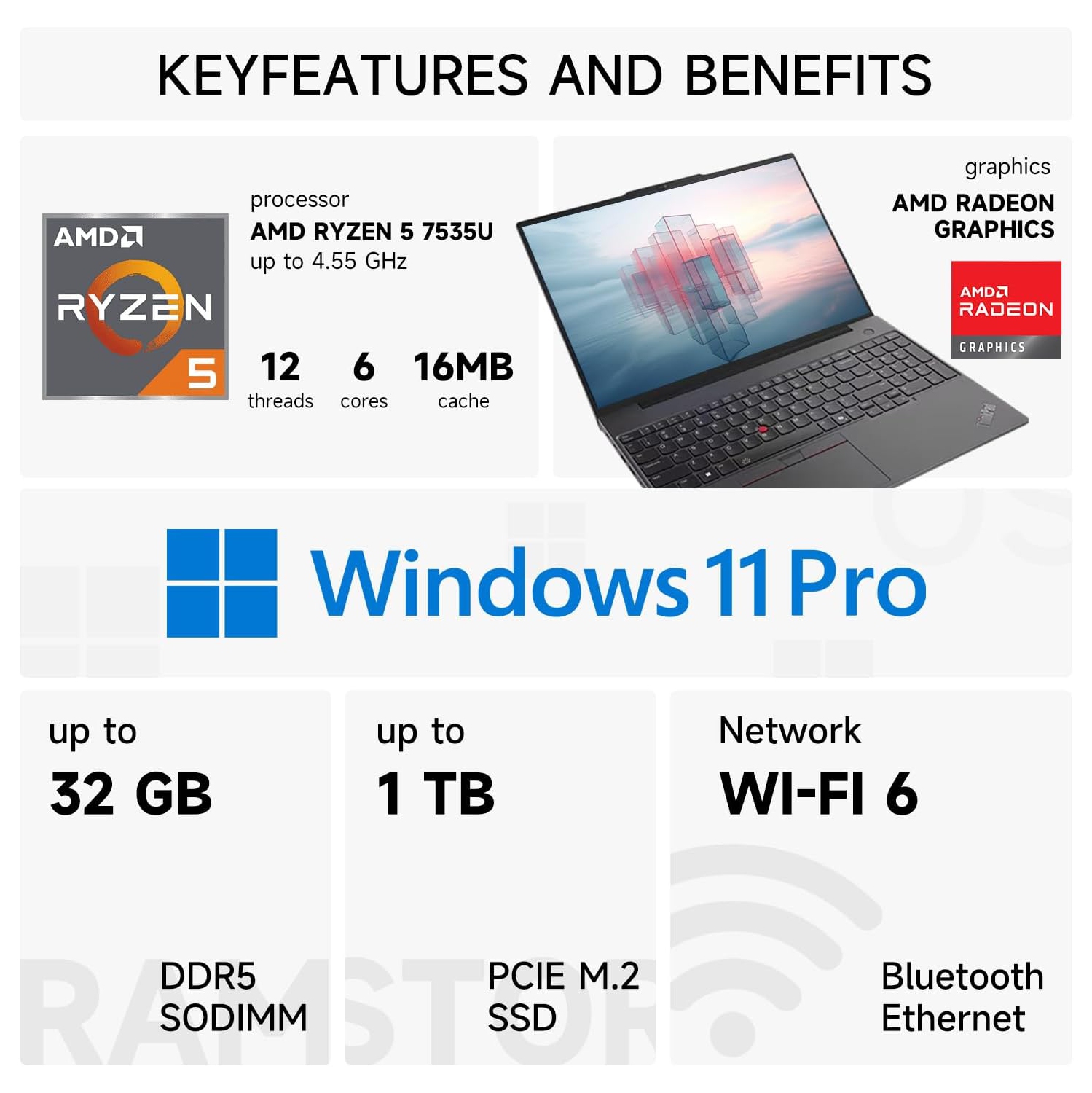 Lenovo ThinkPad E16, 16" FHD+ 1920x1200, Ryzen 5 7535U, 32GB DDR5 RAM, 1TB SSD, FP Reader, IR Cam, Backlit KB, Wi-Fi 6, Win 11 Pro, Black