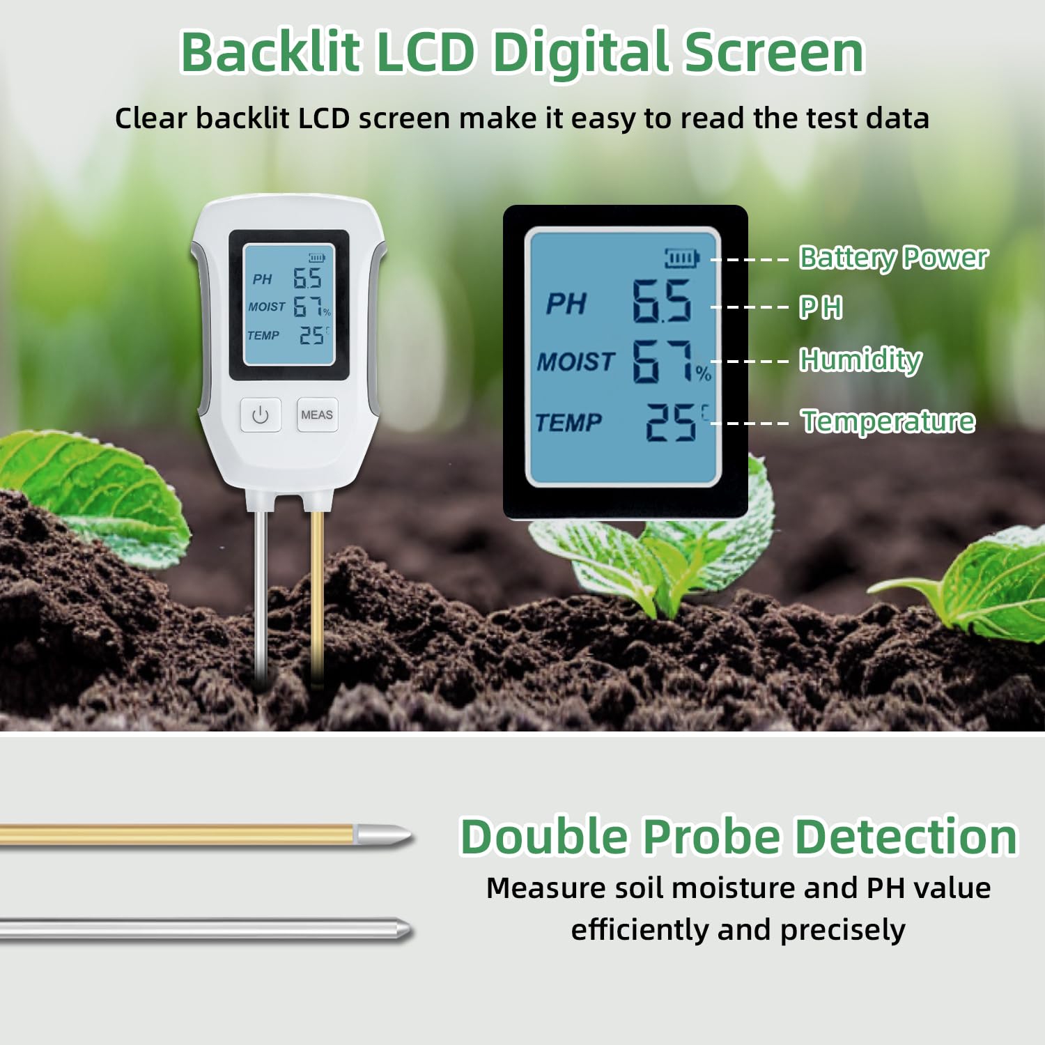Soil Meter,3 in 1 Digital Plant Soil Moisture Meter with PH/Moisture/Temperature for Garden,Lawn,Farming and House/Outdoor Plants