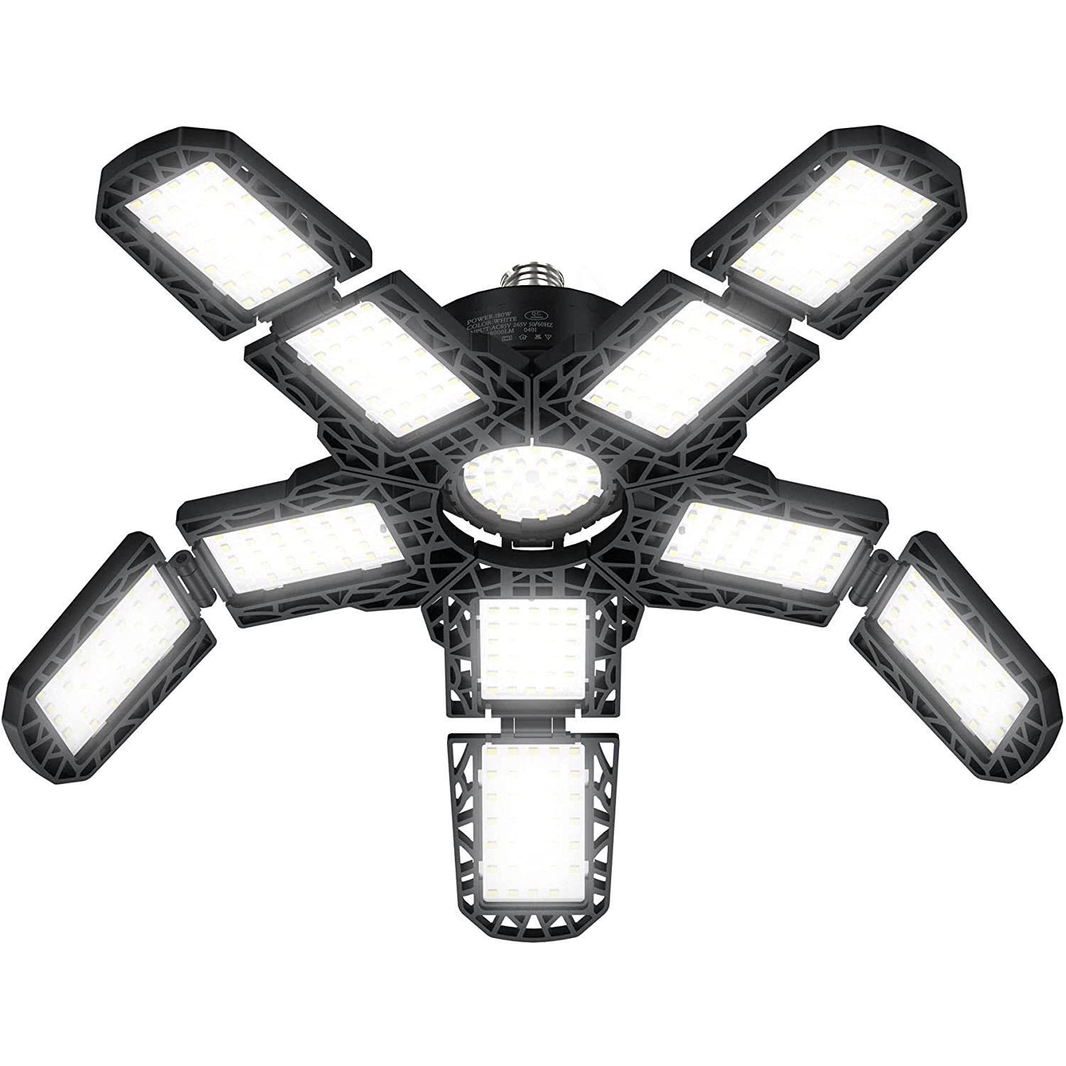 LED Garage Light, Super Bright Screw in E27 Ceiling Shop Work Lamp, Deformable Basement Bulb Fixture with 10+1 Adjustable Panels, Lighting for