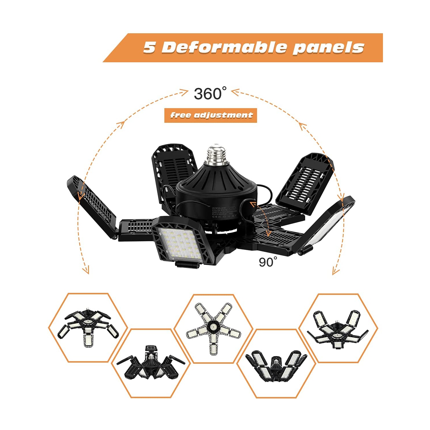 LED Garage Light, Super Bright Screw in E27 Ceiling Shop Work Lamp, Deformable Basement Bulb Fixture with 10+1 Adjustable Panels, Lighting for