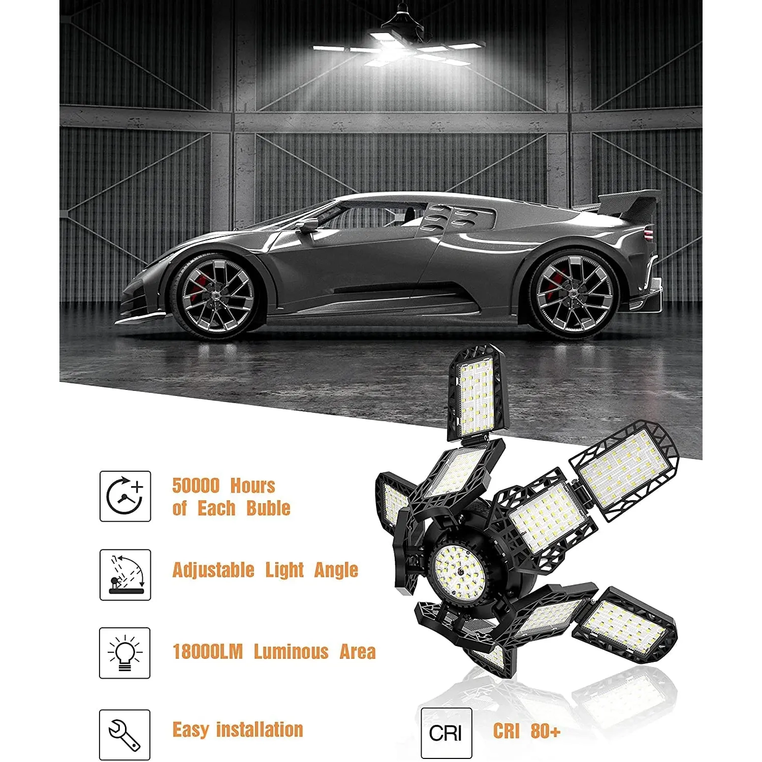 LED Garage Light, Super Bright Screw in E27 Ceiling Shop Work Lamp, Deformable Basement Bulb Fixture with 10+1 Adjustable Panels, Lighting for