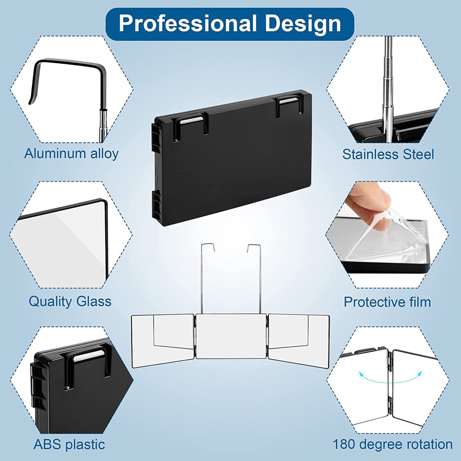 Miroir LED à trois plis, miroir à 360 degrés pour la coupe des cheveux, miroir à trois volets portatif pour les voyages, chambres à coucher, salle de