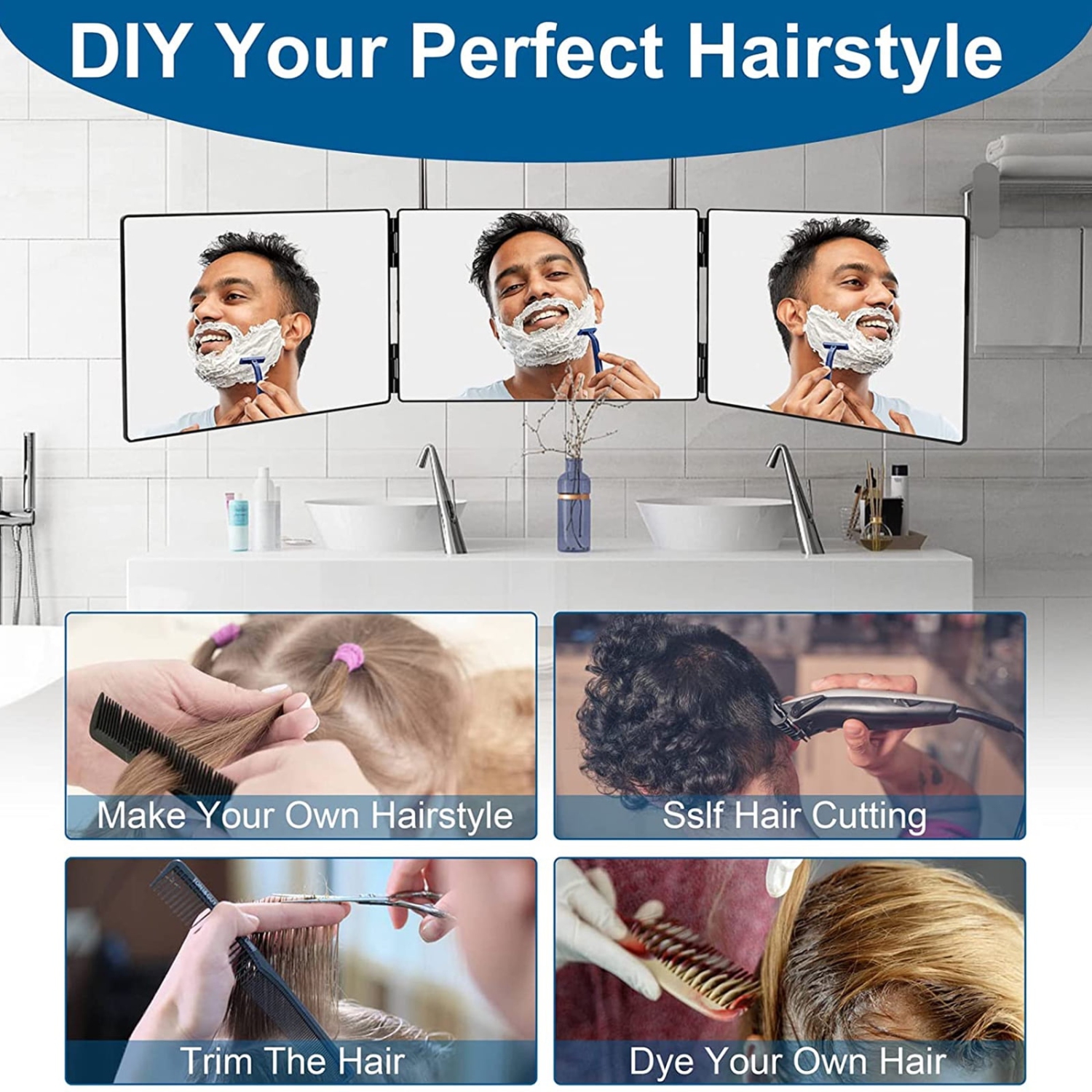 Miroir LED à trois plis, miroir à 360 degrés pour la coupe des cheveux, miroir à trois volets portatif pour les voyages, chambres à coucher, salle de