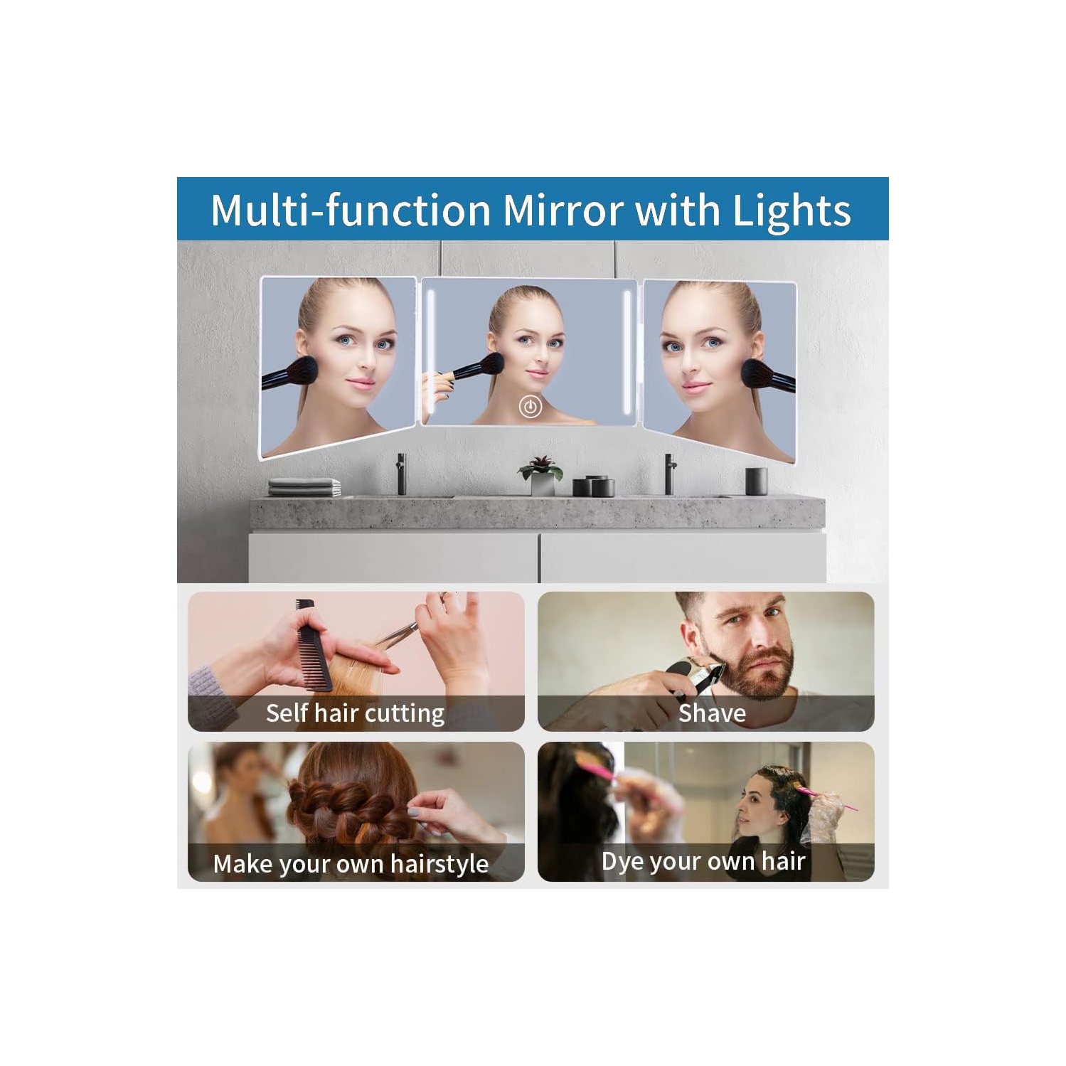 Miroir LED à trois plis, miroir à 360 degrés pour la coupe des cheveux, miroir à trois volets portatif pour les voyages, chambres à coucher, salle de