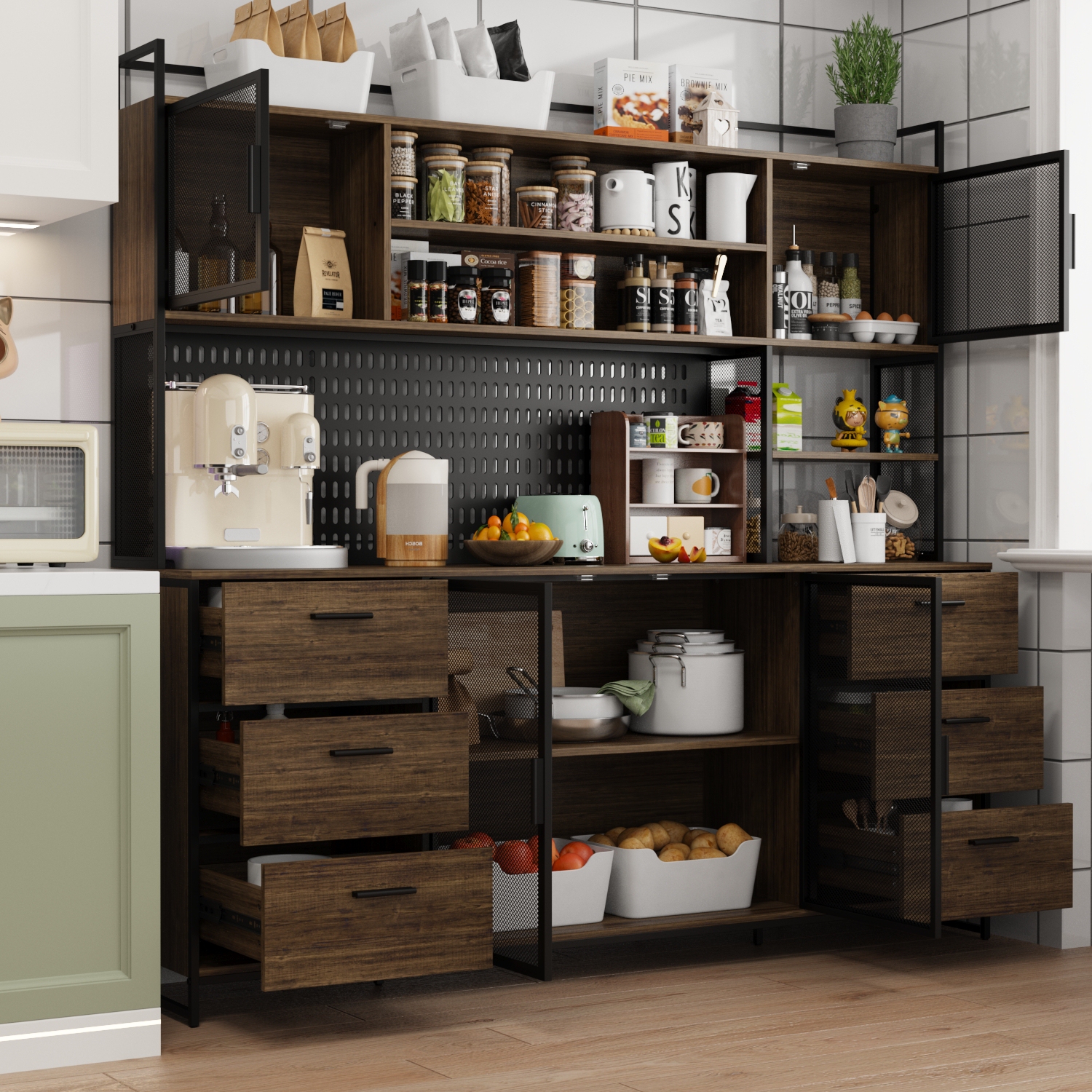 Famapy Rustic Industrial Kitchen Sideboard Buffet Cabinet with Hutch – Wood and Metal Storage Unit with Drawers, Cabinets