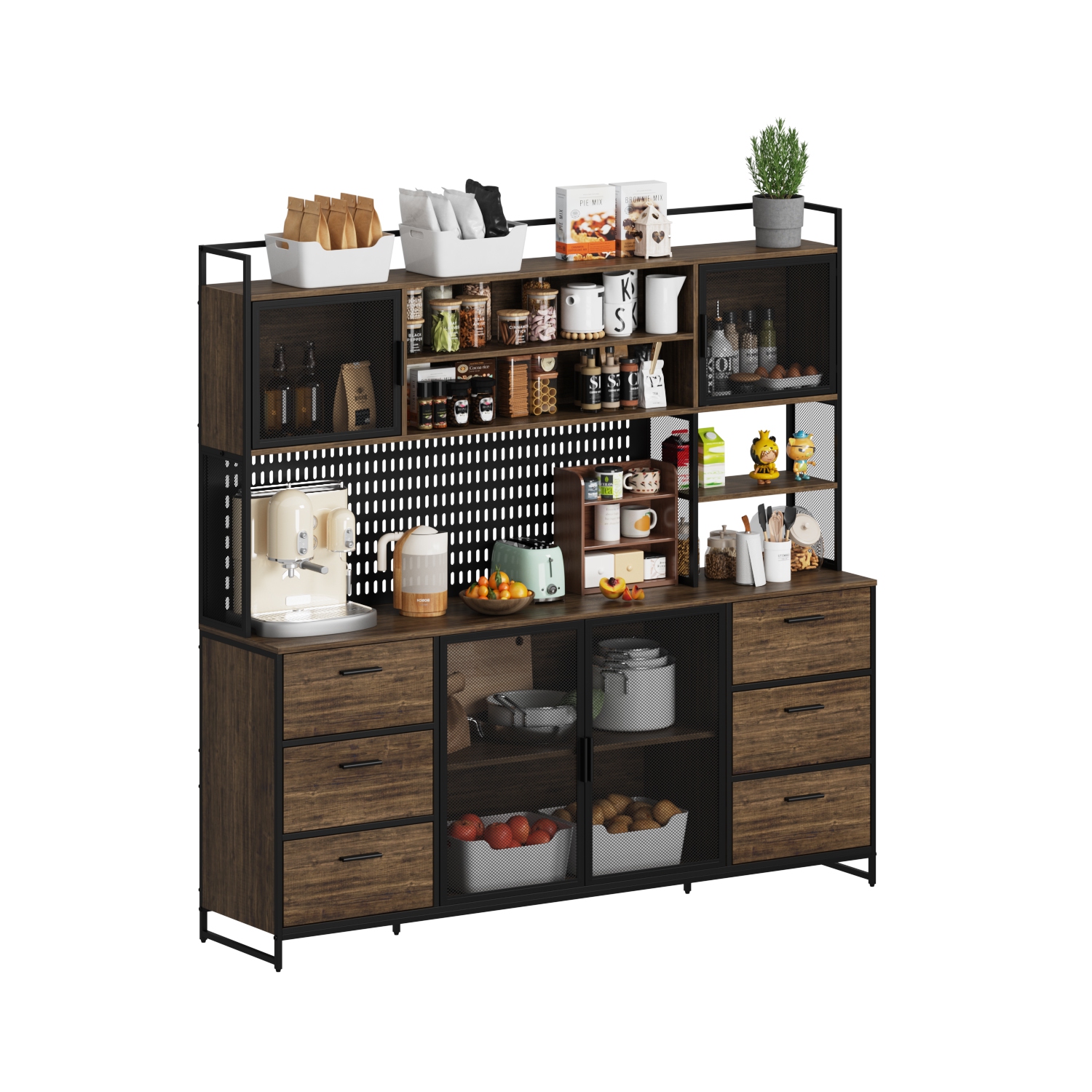 Famapy Rustic Industrial Kitchen Sideboard Buffet Cabinet with Hutch – Wood and Metal Storage Unit with Drawers, Cabinets