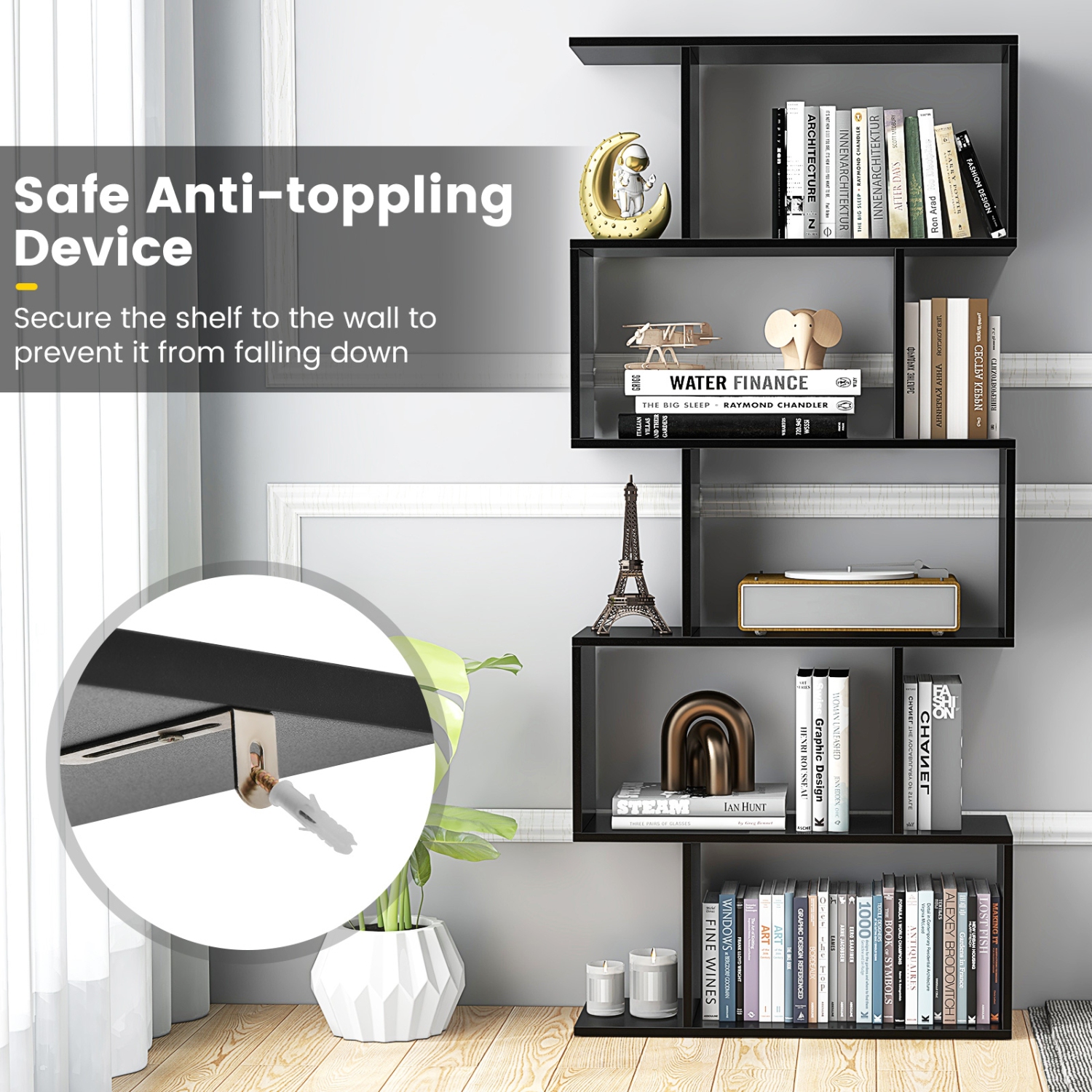 5-Tier Bookshelf with Anti-Toppling Device for Living Room or Home Office Storage