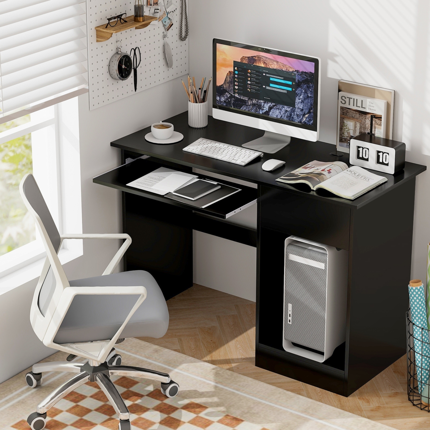 Wooden Computer Desk with CPU Stand, Spacious Workspace for Office or Home