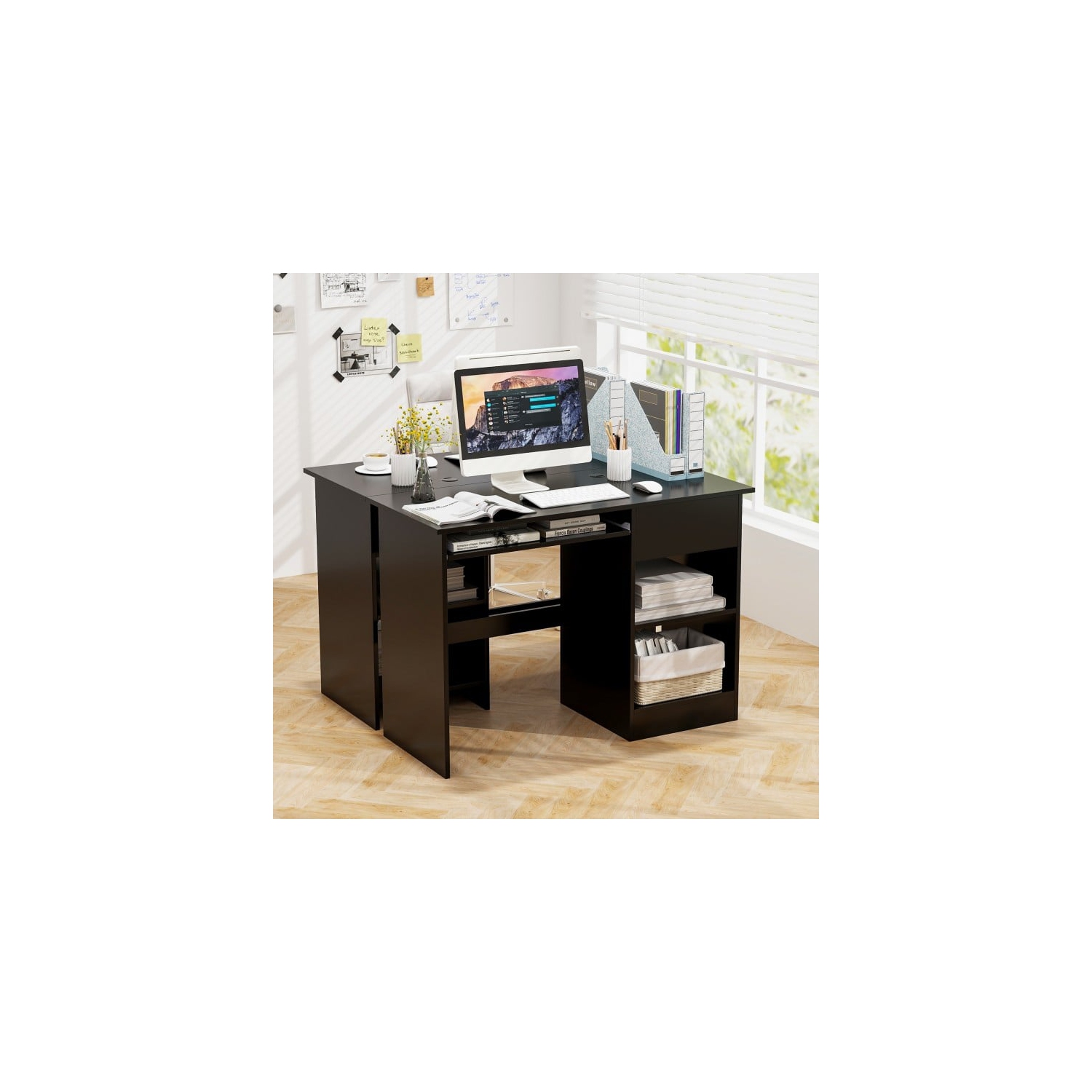 Wooden Computer Desk with CPU Stand, Spacious Workspace for Office or Home