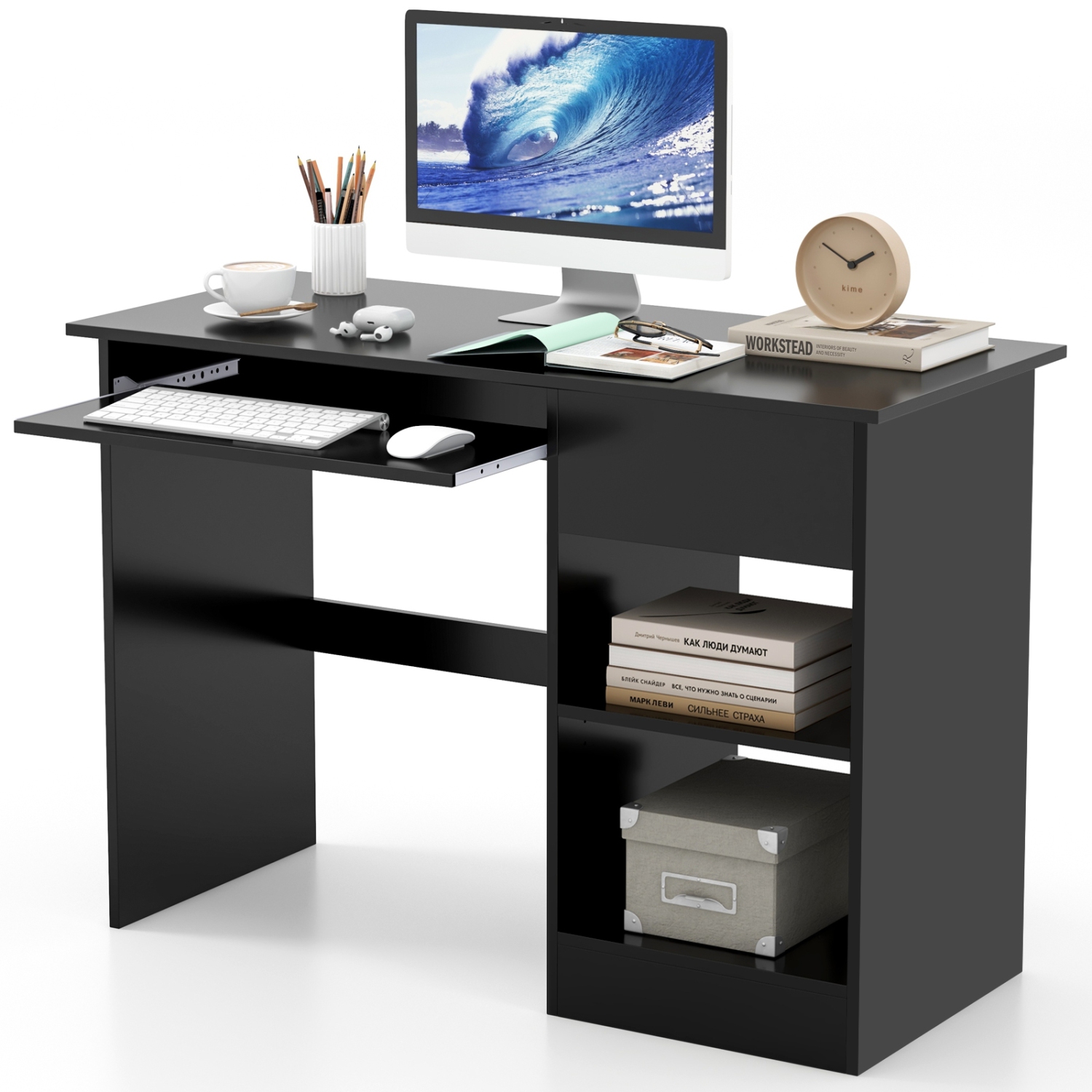 Wooden Computer Desk with CPU Stand, Spacious Workspace for Office or Home