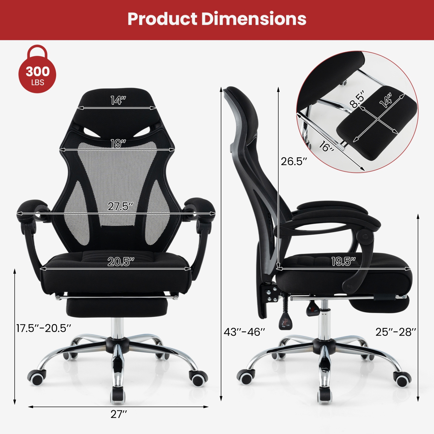 Mesh Office Chair with Ergonomic Design, Footrest, and Tilting Backrest