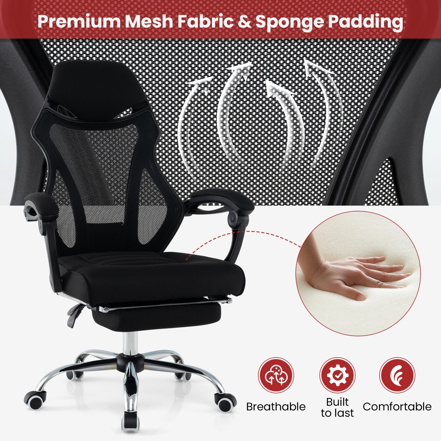 Mesh Office Chair with Ergonomic Design, Footrest, and Tilting Backrest