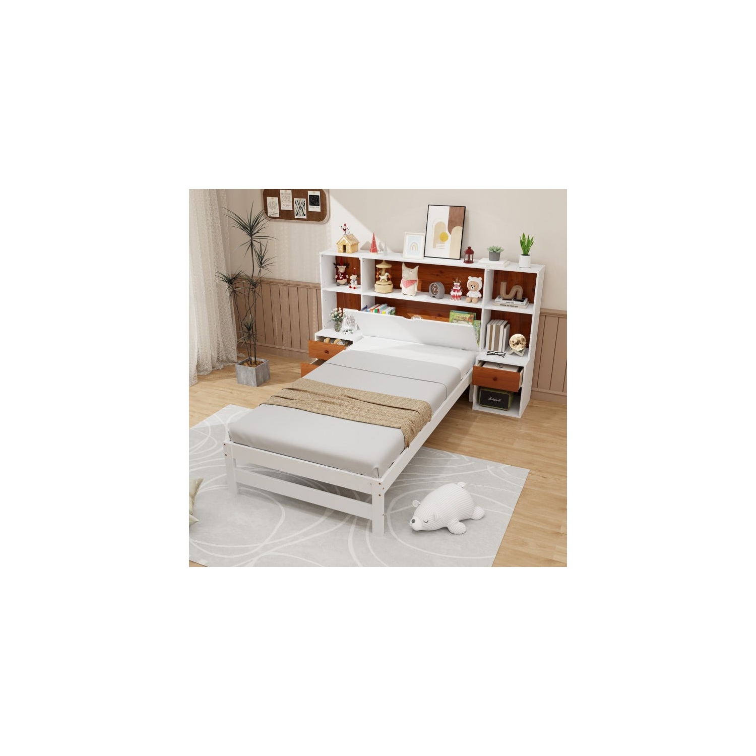 Storage Headboard Bed Frame with USB Ports and Matching Nightstands