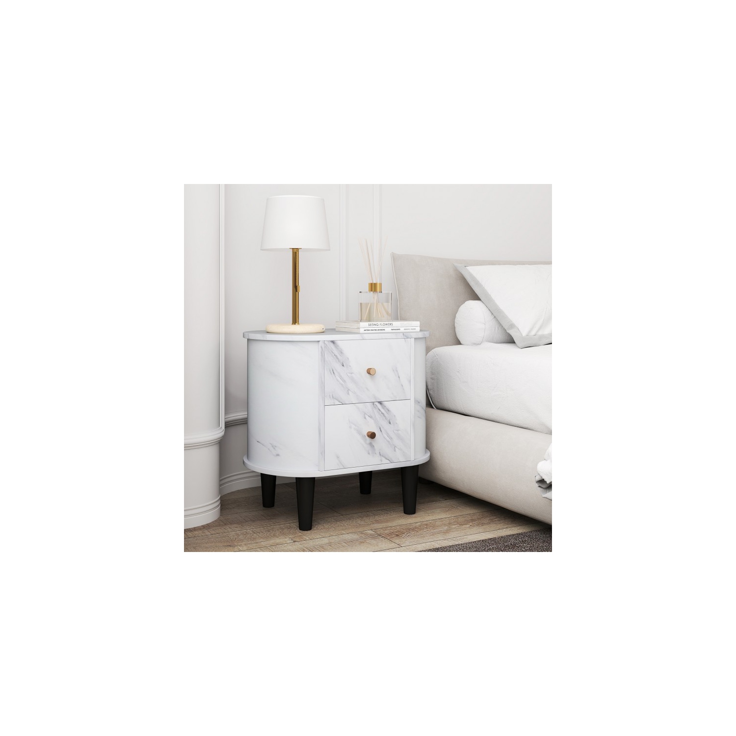 Table de chevet contemporaine à 2 tiroirs avec fini en faux marbre