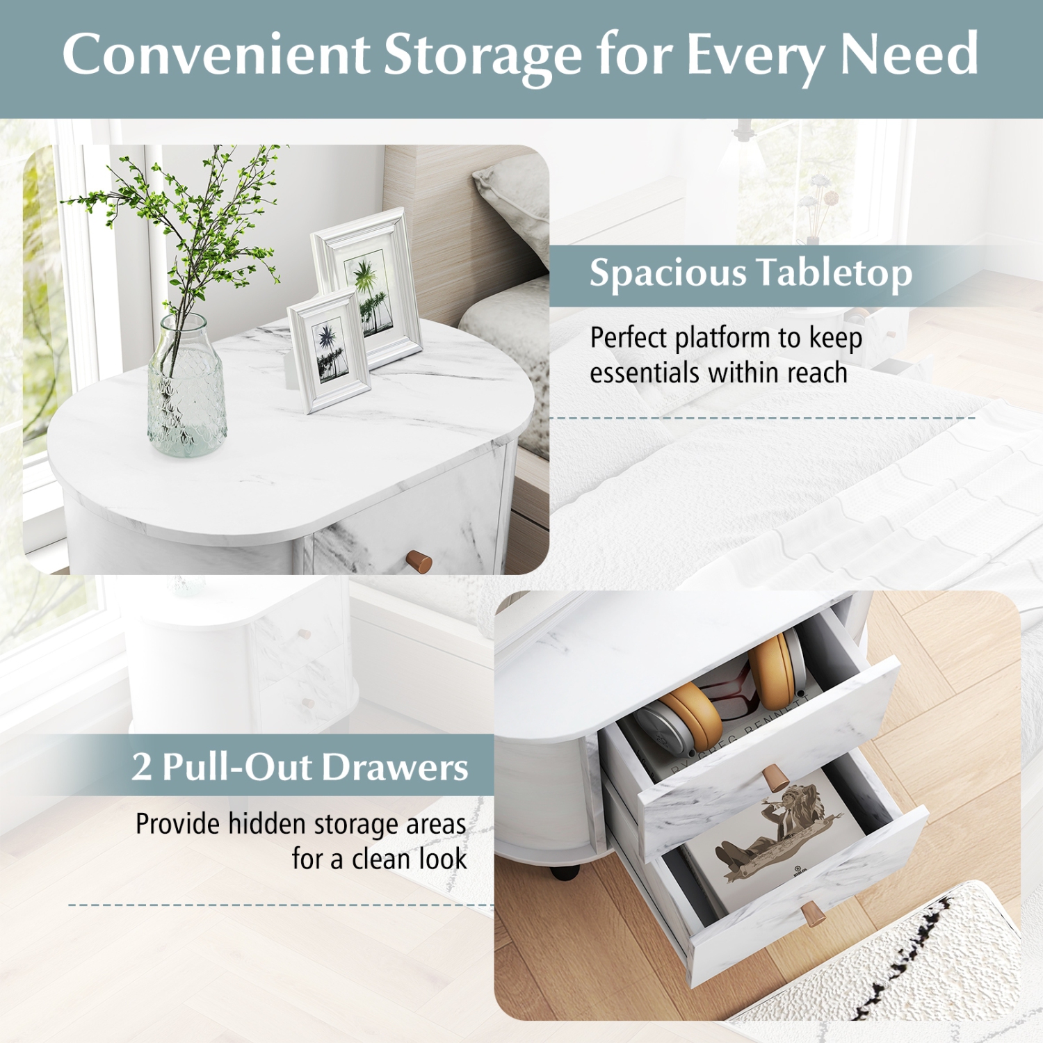 Table de chevet contemporaine à 2 tiroirs avec fini en faux marbre