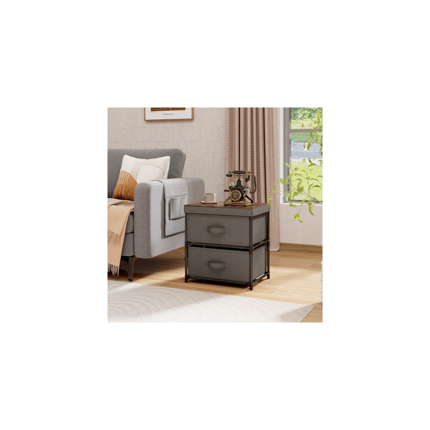 Table de chevet en tissu avec 2 bacs amovibles et poignées robustes