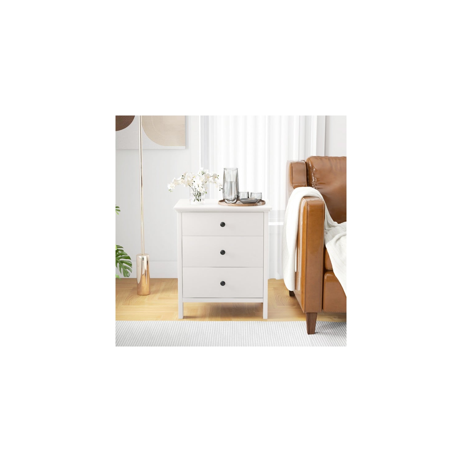 Table de chevet moderne en bois à 3 tiroirs - Blanc