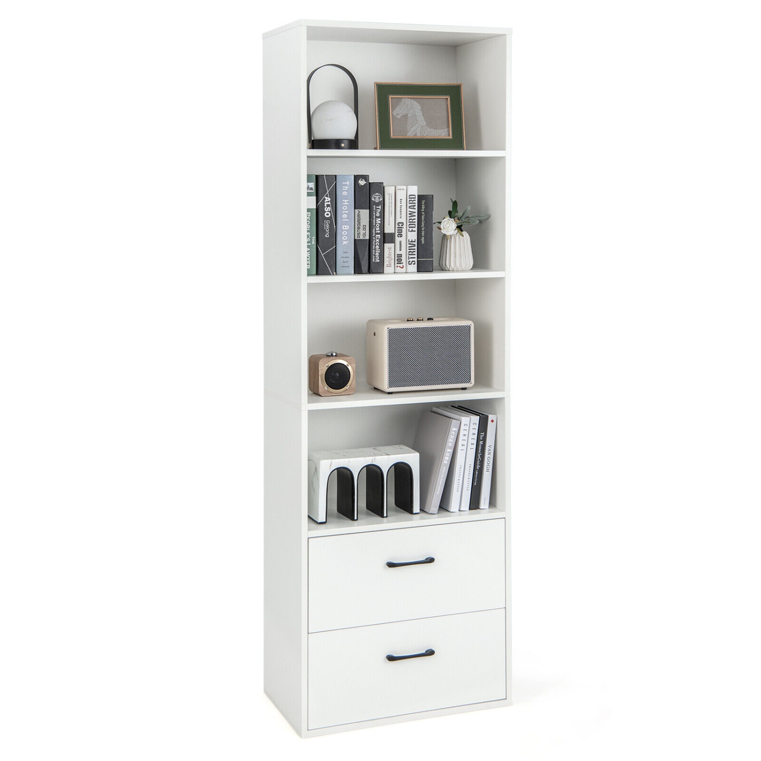 6-Tier Tall Freestanding Bookshelf with 4 Open Shelves and 2 Drawers for Storage