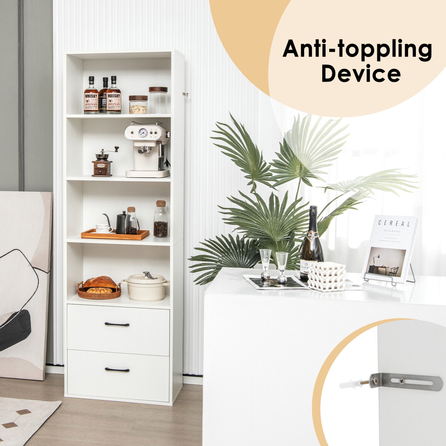 6-Tier Tall Freestanding Bookshelf with 4 Open Shelves and 2 Drawers for Storage