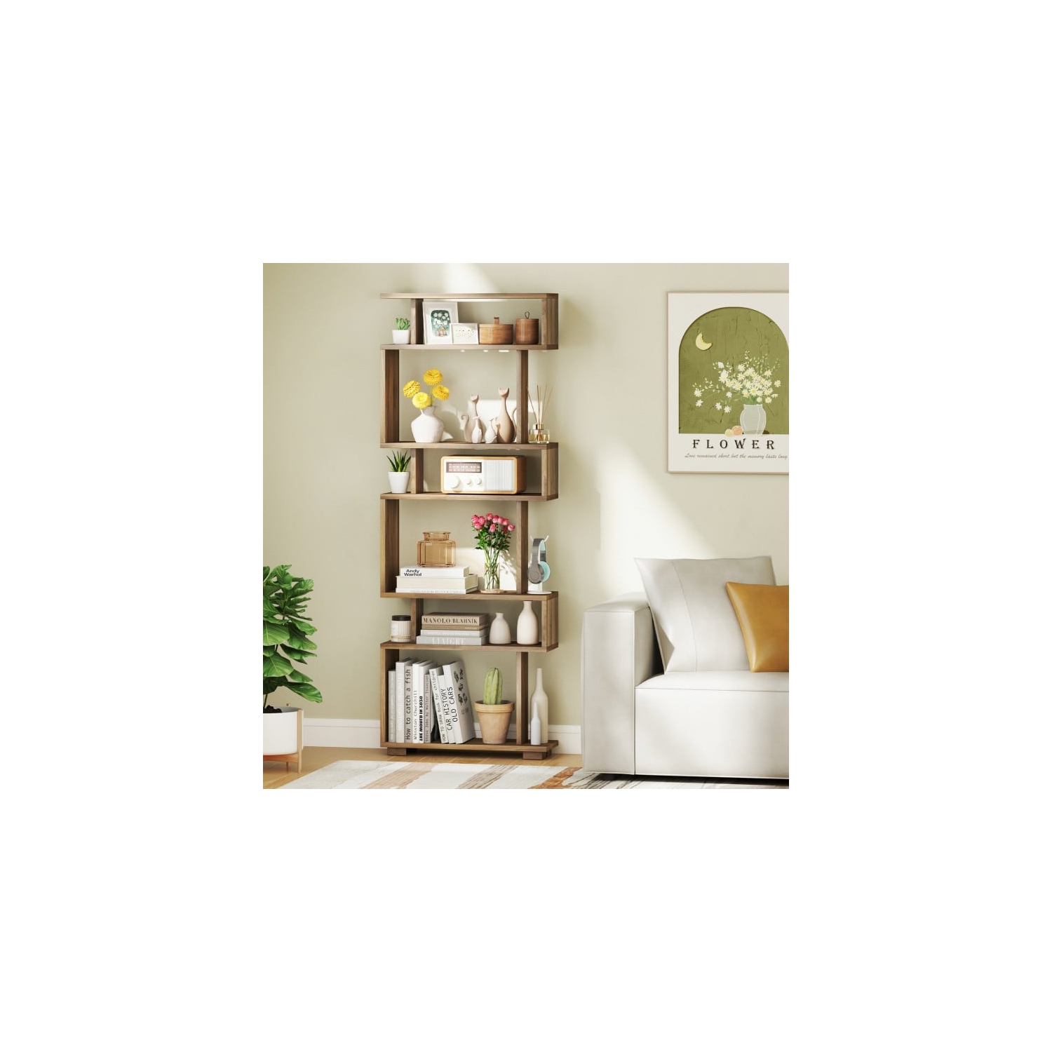 Bibliothèque autonome à 6 tablettes avec trousse antibasculement pour le salon ou le bureau