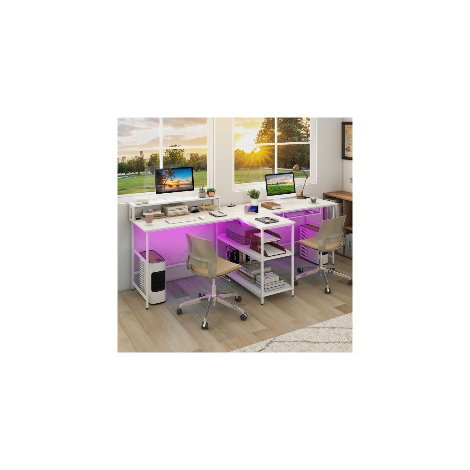 2-Person Reversible Computer Desk with LED Lights, Long Office Desk for Shared Workspace