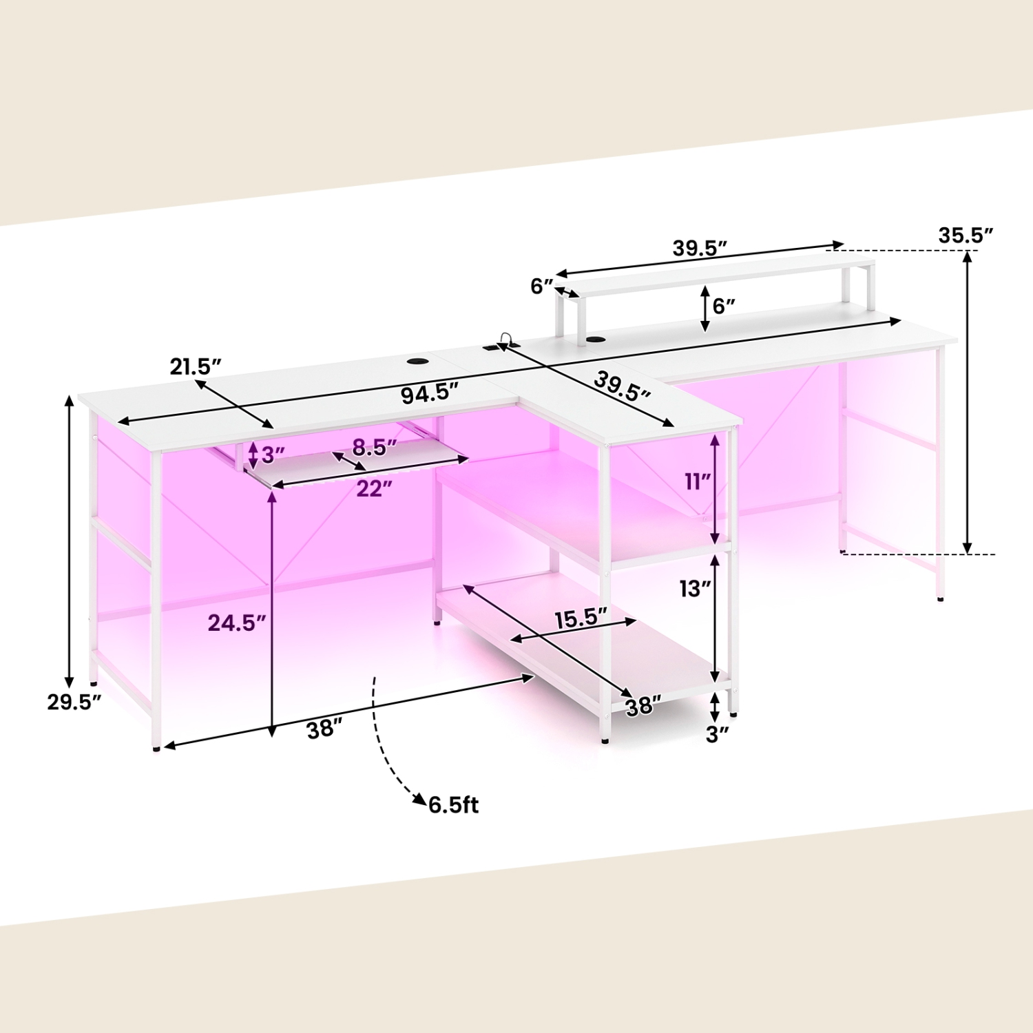 2-Person Reversible Computer Desk with LED Lights, Long Office Desk for Shared Workspace