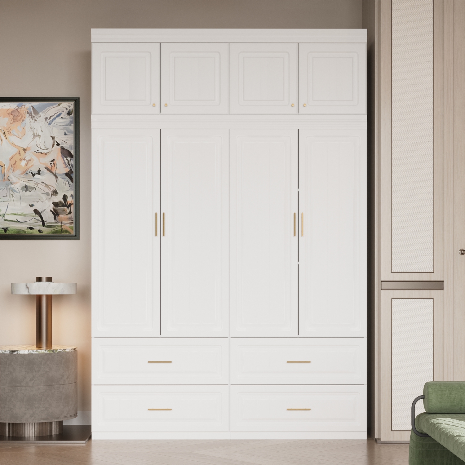 Famapy Modern White Armoire Wardrobe Closet with Hanging Rod, Cube Storage & Drawers – Freestanding MDF Bedroom Organizer