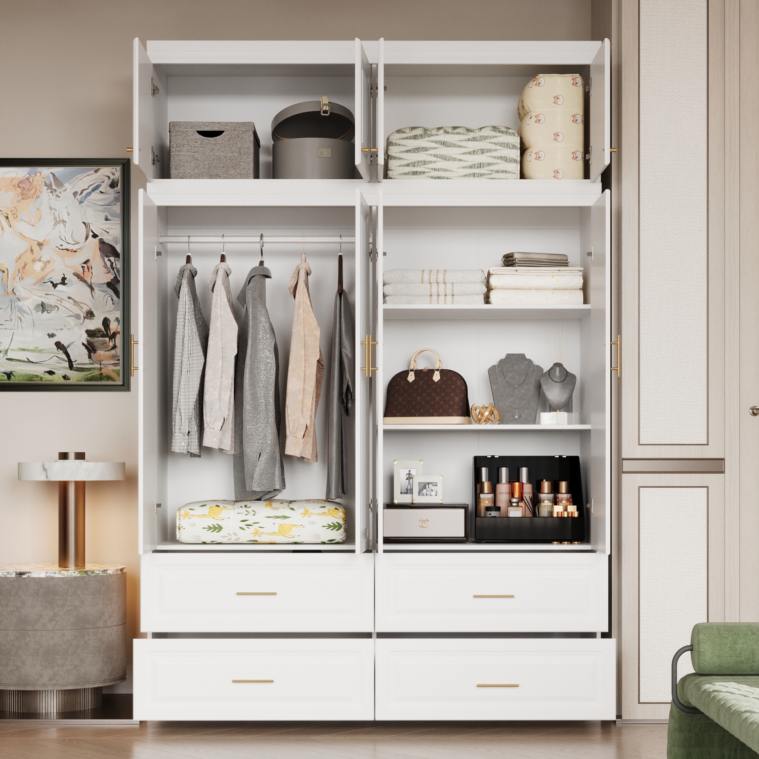 Famapy Modern White Armoire Wardrobe Closet with Hanging Rod, Cube Storage & Drawers – Freestanding MDF Bedroom Organizer
