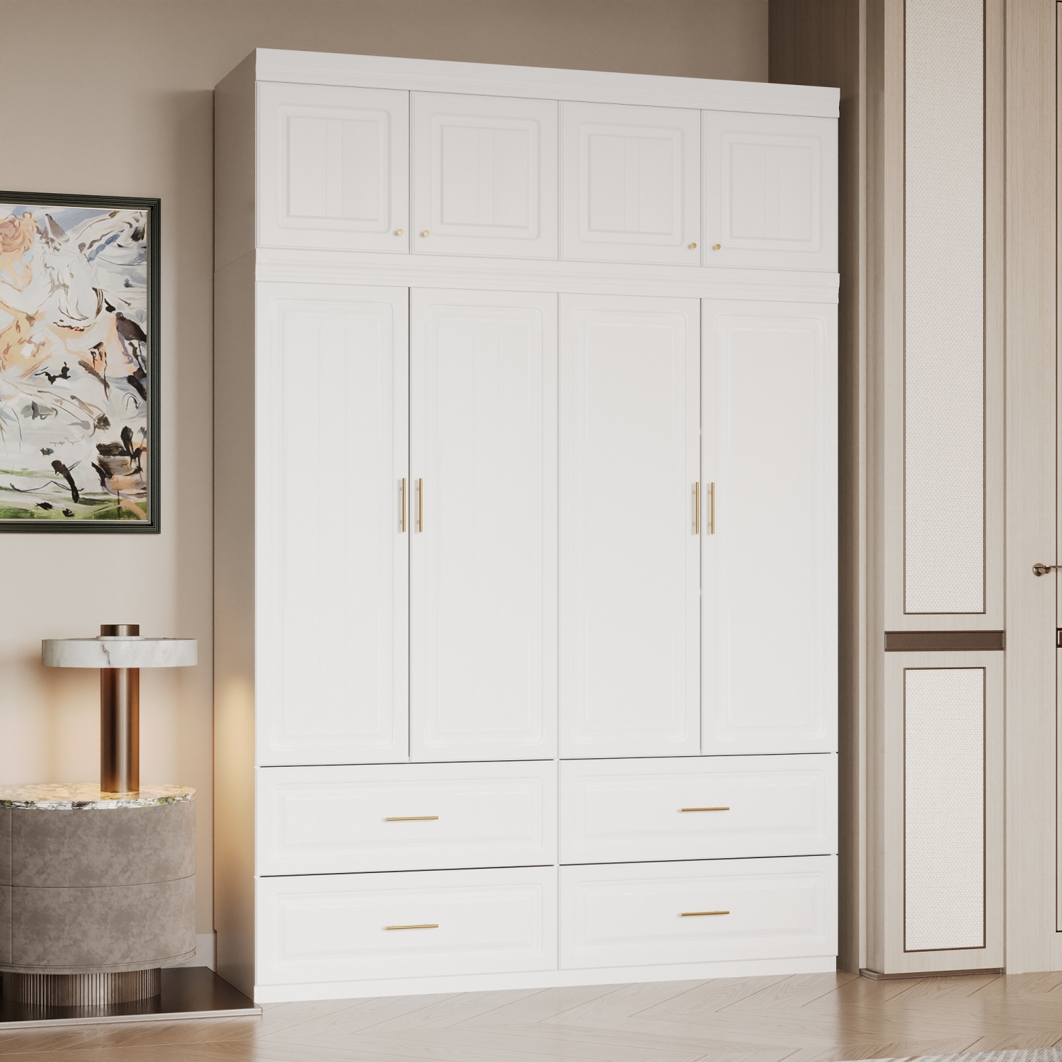 Famapy Modern White Armoire Wardrobe Closet with Hanging Rod, Cube Storage & Drawers – Freestanding MDF Bedroom Organizer