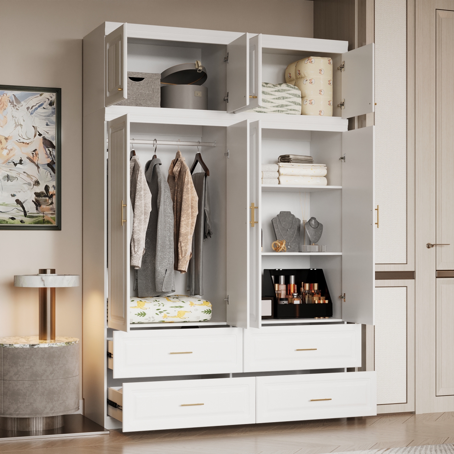 Famapy Modern White Armoire Wardrobe Closet with Hanging Rod, Cube Storage & Drawers – Freestanding MDF Bedroom Organizer