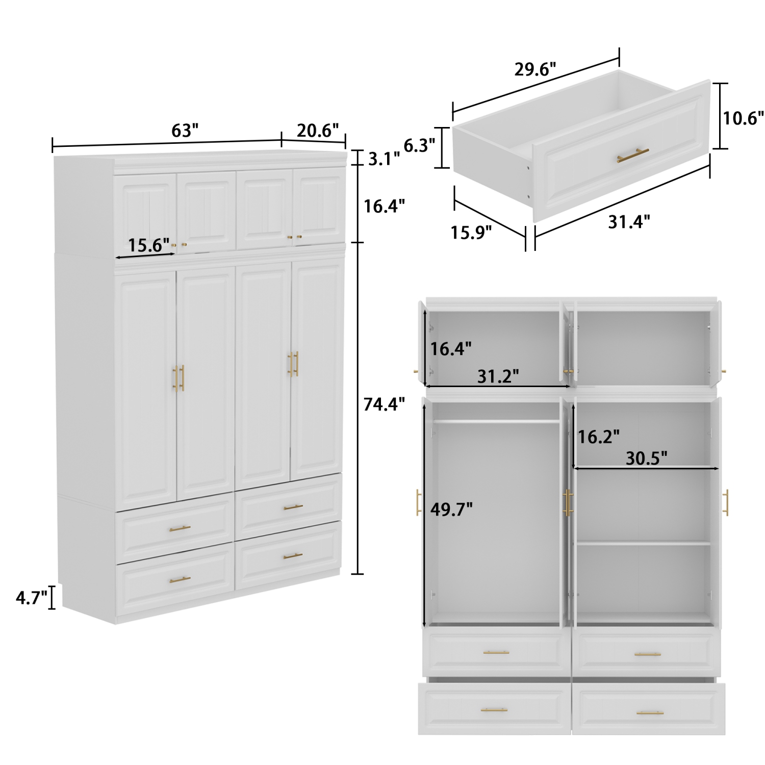 Famapy Modern White Armoire Wardrobe Closet with Hanging Rod, Cube Storage & Drawers – Freestanding MDF Bedroom Organizer