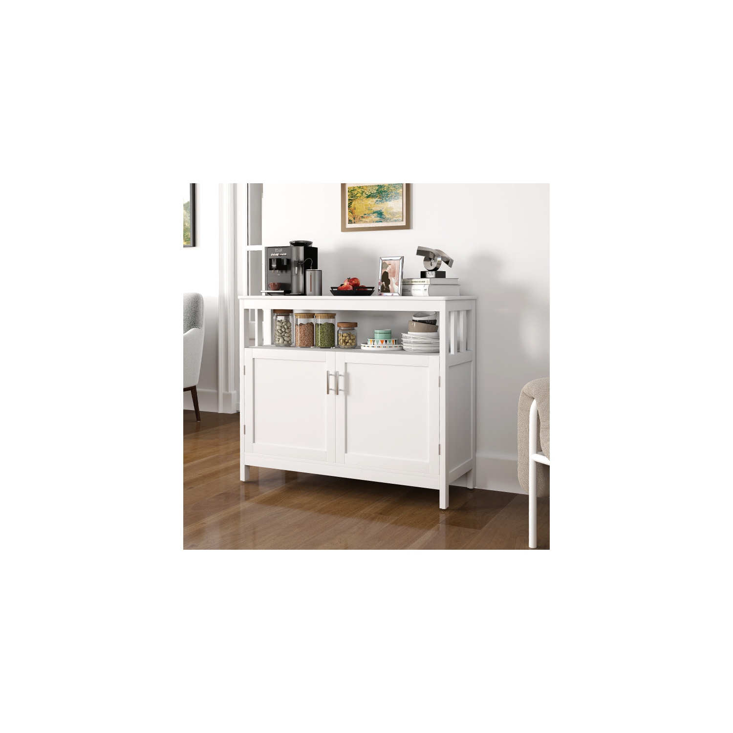 Rattan Wicker Outdoor Bar Cart with Storage Cabinet and Multiple Hooks for Drinkware