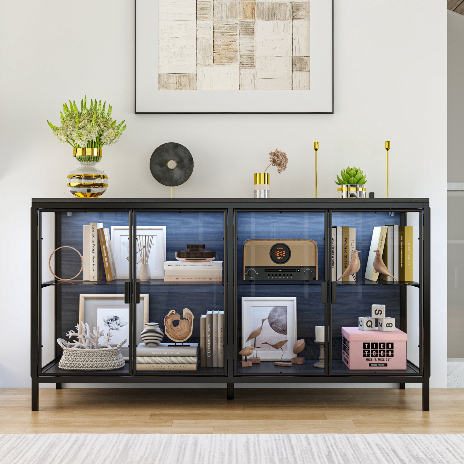 Famapy Modern Metal Filing Cabinet with Glass Doors and LED Lighting – Industrial Storage Sideboard with USB-Powered 3-Color Light Strip, Adjustable