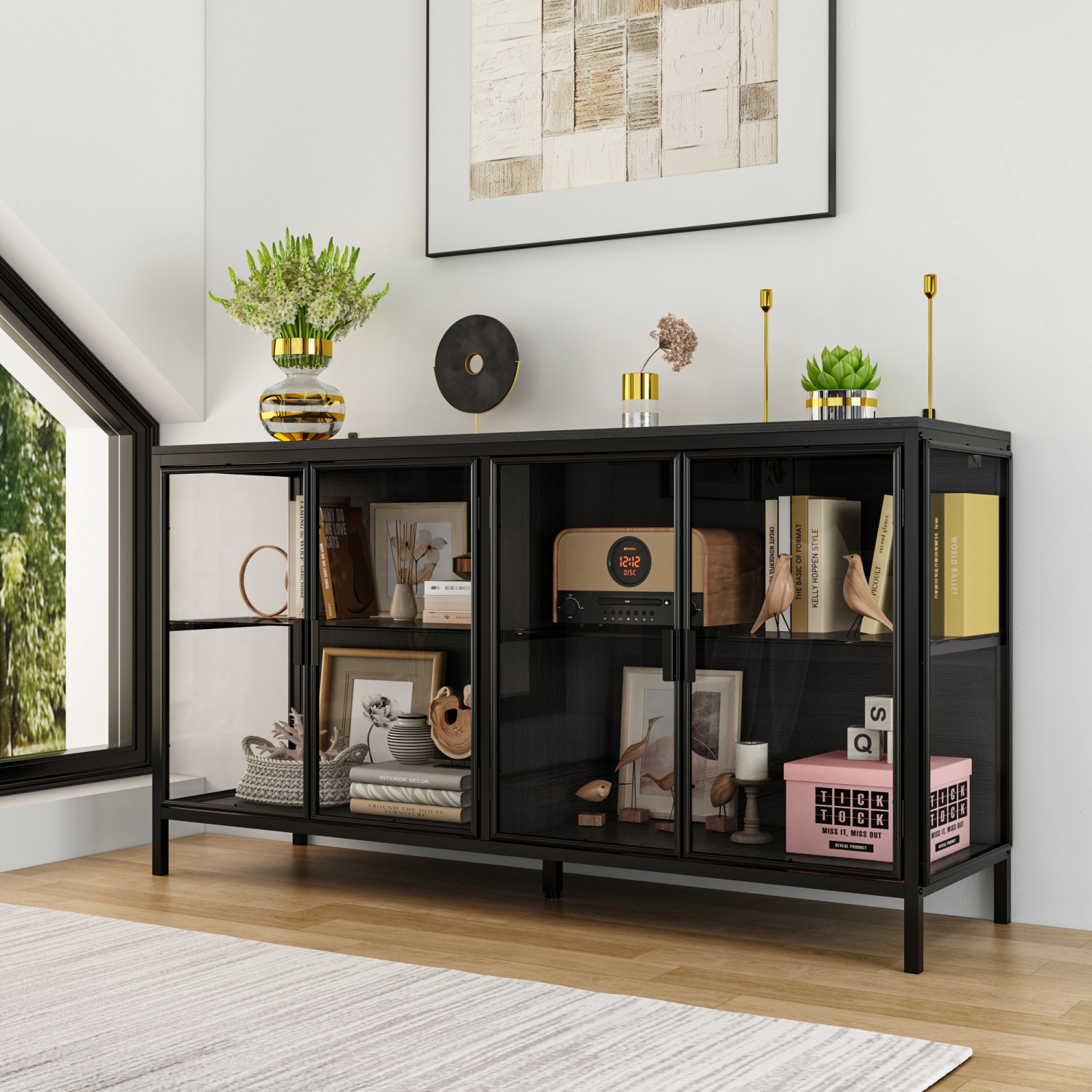 Famapy Modern Metal Filing Cabinet with Glass Doors and LED Lighting – Industrial Storage Sideboard with USB-Powered 3-Color Light Strip, Adjustable