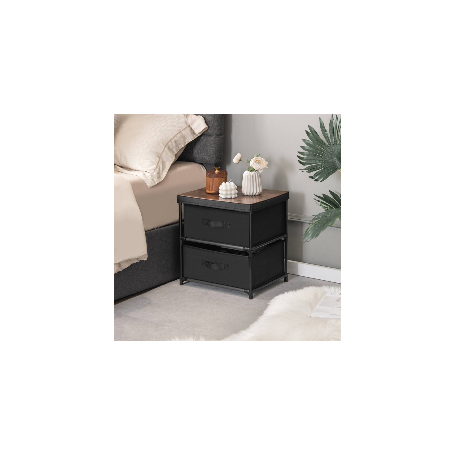 Fabric Drawer Nightstand with 2 Removable Bins and Sturdy Pull Handles