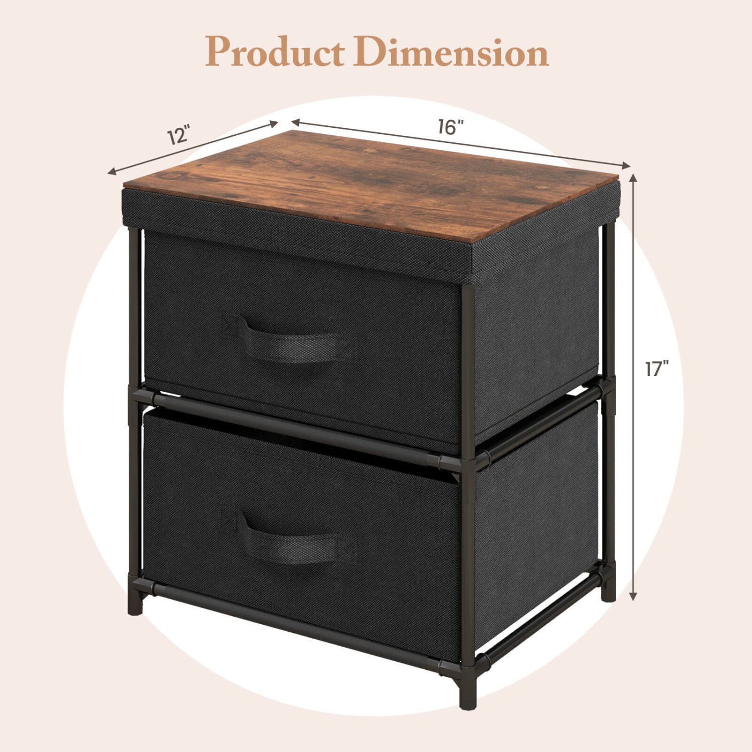 Fabric Drawer Nightstand with 2 Removable Bins and Sturdy Pull Handles